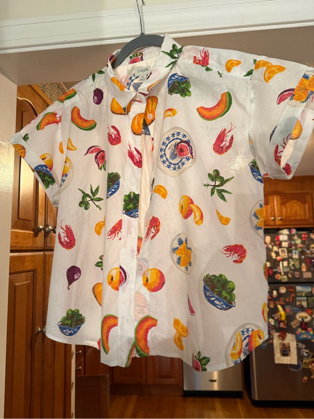 J. Crew White Short-Sleeve Button-Down with Colorful Fruit & Seafood Print